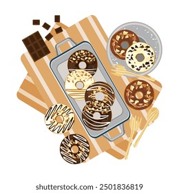 Conjunto de ilustraciones de íconos de Vector de alimentos Panadería para hornear, pan, cocina, ilustración de donas, postres, frescos y deliciosos. Para envases, etiquetas o signos. Arte de comida para carteles, folletos o menús.