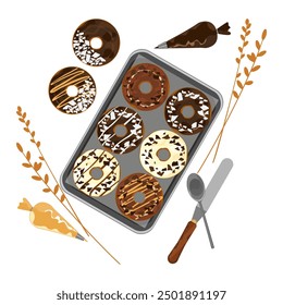 Set of food vector icon illustrations Bakery for baking, bread, cooking, illustration of donuts, desserts, fresh and delicious. For packaging, labels, or signs. Food art for signs, flyers, or menus.