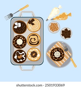 Set of food vector icon illustrations Bakery for baking, bread, cooking, illustration of donuts, desserts, fresh and delicious. For packaging, labels, or signs. Food art for signs, flyers, or menus.