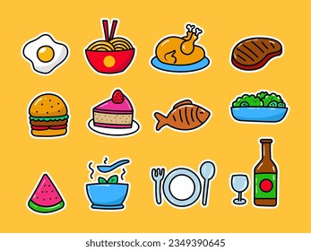 Set of food vector illustrations with a colorful doodle style on yellow background