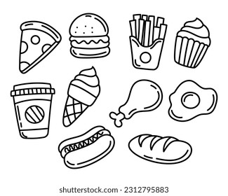 Set of food vector illustrations in cute doodle style isolated on white background