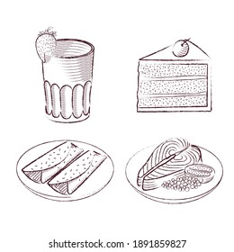 
set of food. vector. suitable for icons or for a restaurant. fish, drink, omelet, cake