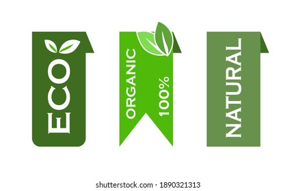 Set of food vegan environmental signs, stickers, labels, bio packaging design, natural and vegetarian ribbons in green style, vector graphics on a white background
