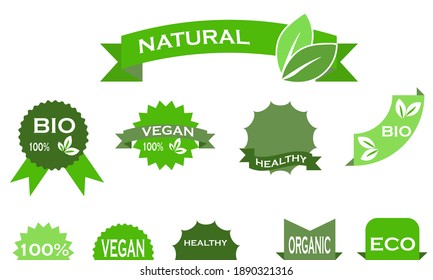 Set of food vegan environmental signs, stickers, labels, bio packaging design, natural and vegetarian ribbons in green style, vector graphics on a white background
