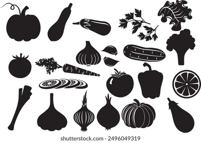 Set of food vegetable and fruit icon. Isolated vector black silhouette white background. collection of Side view.