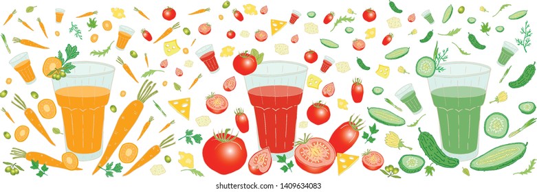 A set of food and vegetable juices.  Includes tomatoes, cucumbers and whole carrots and sliced ​​halves, glasses of green, red, orange juice, cheese, olives, greens.  In bright juicy colors