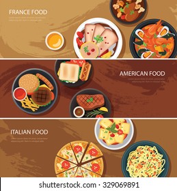 Juego de banner de la web de comida diseño plano. Comida francesa, comida americana, comida italiana