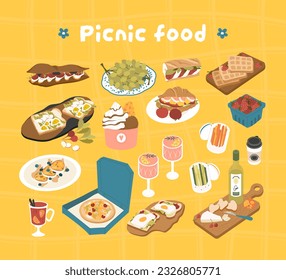 Set of foodd for picnic. Pizza and waffles, egg toast. Grapes and glasses with alcoholic drinks, cocktail. Dessert and delicacy. Cartoon flat vector collection isolated on yellow background