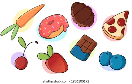 Establecer alimentos, bayas y verduras, ilustraciones vectoriales