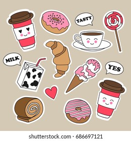 Set of foods, cute patches isolated. Collection of colorful badges, flat cartoon style. Food and drink, funny stickers. Sweets and drinks hand drawn icons vector