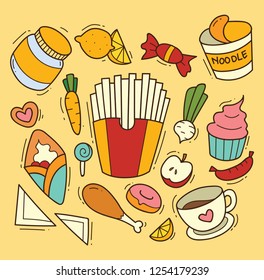 Set of foods in doodle style