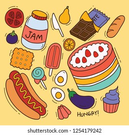 Set of foods in doodle style