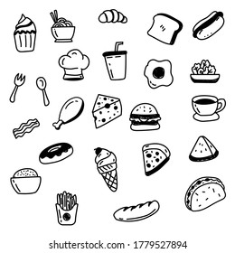 Set of foods doodle vector with black color such as burger, pizza, ice cream and more 