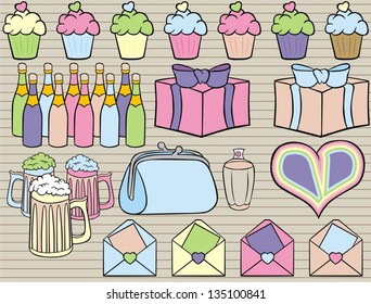 Set of foods and drinks