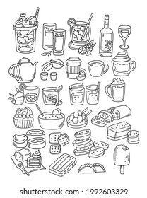 Set of foods and drinks doodle vector illustration 