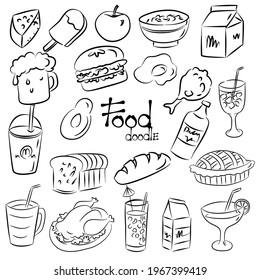 Set of foods and drinks doodles hand drawn on white background.