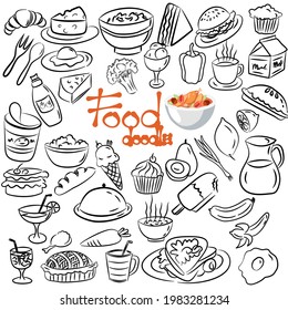 Set of foods and drinks doodles. Hand drawn vector illustration on white background.