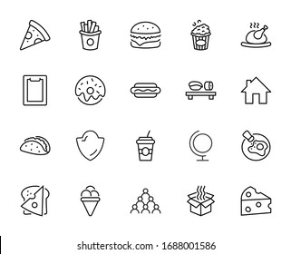 Set of Foods, Drinks Related Vector Line Icons. Contains such Icons as Pizza, Fries, Egg, Meat, Sushi, Chicken, Hamburger, Ice Cream, Donut, Soup, Sandwich, eggs and more. Editable Stroke. 32x32 Pixel