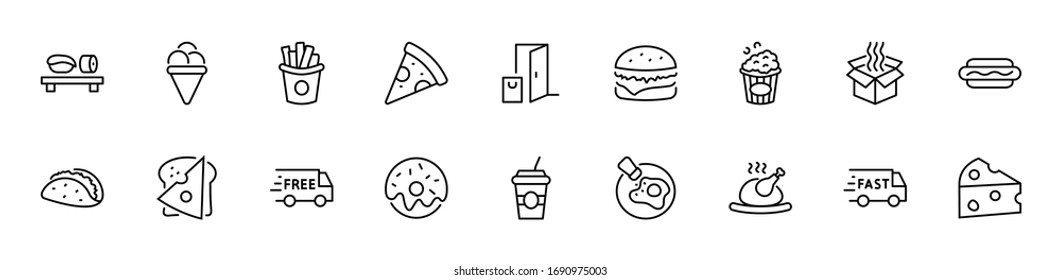 Set of Foods, Drinks Related Vector Line Icons. Contains such Icons as Pizza, Fries, Egg, Meat, Sushi, Chicken, Hamburger, Ice Cream, Donut, Soup, Sandwich, eggs and more. Editable Stroke. 32x32 Pixel