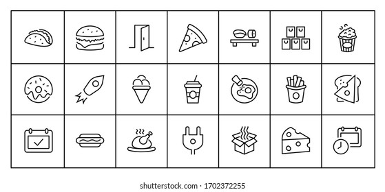 Set of Foods, Drinks Related Vector Line Icons. Contains such Icons as Pizza, Fries, Egg, Meat, Sushi, Chicken, Hamburger, Ice Cream, Donut, Soup, Sandwich, eggs and more. Editable Stroke. 32x32 Pixel