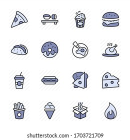 Set of Foods, Drinks Related Vector Line Icons. Contains such Icons as Pizza, Fries, Egg, Meat, Sushi, Chicken, Hamburger, Ice Cream, Donut, Soup, Sandwich, eggs and more. Editable Stroke. 32x32 Pixel