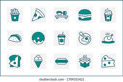 Set of Foods, Drinks Related Vector Line Icons. Contains such Icons as Pizza, Fries, Egg, Meat, Sushi, Chicken, Hamburger, Ice Cream, Donut, Soup, Sandwich, eggs and more. Editable Stroke. 32x32 Pixel