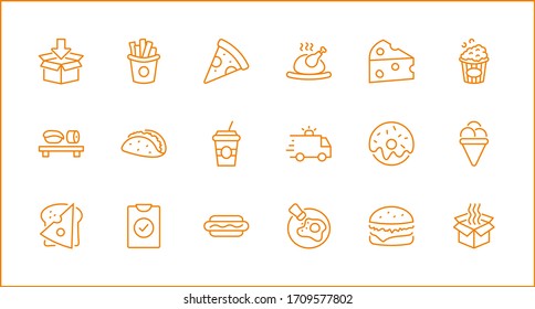 Set of Foods, Drinks Related Vector Line Icons. Contains such Icons as Pizza, Fries, Egg, Meat, Sushi, Chicken, Hamburger, Ice Cream, Donut, Soup, Sandwich, eggs and more. Editable Stroke. 32x32 Pixel