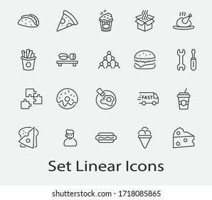 Set of Foods, Drinks Related Vector Line Icons. Contains such Icons as Pizza, Fries, Egg, Meat, Sushi, Chicken, Hamburger, Ice Cream, Donut, Soup, Sandwich, eggs and more. Editable Stroke. 32x32 Pixel