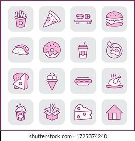 Set of Foods, Drinks Related Vector Line Icons. Contains such Icons as Pizza, Fries, Egg, Meat, Sushi, Chicken, Hamburger, Ice Cream, Donut, Soup, Sandwich, eggs and more. Editable Stroke. 32x32 Pixel
