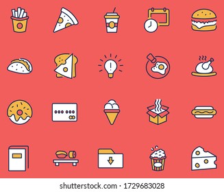 Set of Foods, Drinks Related Vector Line Icons. Contains such Icons as Pizza, Fries, Egg, Meat, Sushi, Chicken, Hamburger, Ice Cream, Donut, Soup, Sandwich, eggs and more. Editable Stroke. 32x32 Pixel