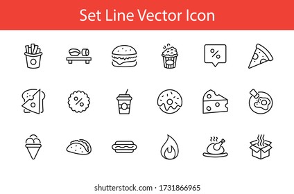 Set of Foods, Drinks Related Vector Line Icons. Contains such Icons as Pizza, Fries, Egg, Meat, Sushi, Chicken, Hamburger, Ice Cream, Donut, Soup, Sandwich, eggs and more. Editable Stroke. 32x32 Pixel