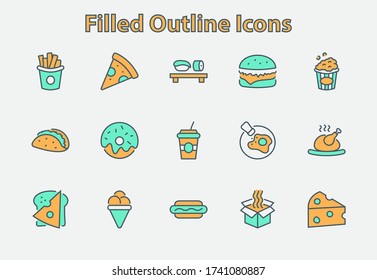 Set of Foods, Drinks Related Vector Line Icons. Contains such Icons as Pizza, Fries, Egg, Meat, Sushi, Chicken, Hamburger, Ice Cream, Donut, Soup, Sandwich, eggs and more. Editable Stroke. 32x32 Pixel