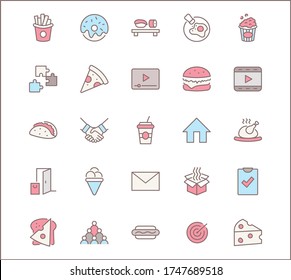 Set of Foods, Drinks Related Vector Line Icons. Contains such Icons as Pizza, Fries, Egg, Meat, Sushi, Chicken, Hamburger, Ice Cream, Donut, Soup, Sandwich, eggs and more. Editable Stroke. 32x32 Pixel
