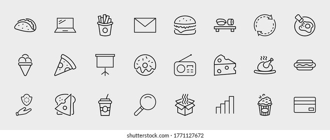 Set of Foods, Drinks Related Vector Line Icons. Contains such Icons as Pizza, Fries, Egg, Meat, Sushi, Chicken, Hamburger, Ice Cream, Donut, Soup, Sandwich, eggs and more. Editable Stroke. 32x32 Pixel