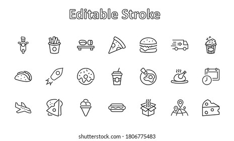 Set of Foods, Drinks Related Vector Line Icons. Contains such Icons as Pizza, Fries, Egg, Meat, Sushi, Chicken, Hamburger, Ice Cream, Donut, Soup, Sandwich, eggs and more. Editable Stroke. 32x32 Pixel