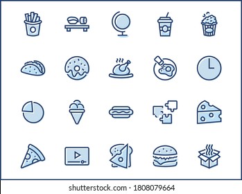 Set of Foods, Drinks Related Vector Line Icons. Contains such Icons as Pizza, Fries, Egg, Meat, Sushi, Chicken, Hamburger, Ice Cream, Donut, Soup, Sandwich, eggs and more. Editable Stroke. 32x32 Pixel