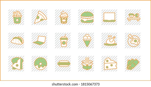 Set of Foods, Drinks Related Vector Line Icons. Contains such Icons as Pizza, Fries, Egg, Meat, Sushi, Chicken, Hamburger, Ice Cream, Donut, Soup, Sandwich, eggs and more. Editable Stroke. 