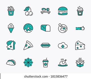 Set of Foods, Drinks Related Vector Line Icons. Contains such Icons as Pizza, Fries, Egg, Meat, Sushi, Chicken, Hamburger, Ice Cream, Donut, Soup, Sandwich, eggs and more. Editable Stroke. 32x32 Pixel