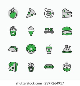 Set of Foods, Drinks Related Vector Line Icons. Contains such Icons as Pizza, Fries, Egg, Meat, Sushi, Chicken, Hamburger, Ice Cream, Donut, Soup, Sandwich, eggs and more. Editable Stroke. 32x32 Pixel