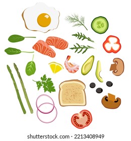 Set of foods fresh ingredients. Vector illustration isolated on white background in flat style.