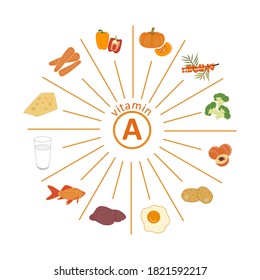 Set of foods rich in vitamin A. Carrots, bell peppers, pumpkin, sea buckthorn, broccoli, peach, potatoes, egg yolk, animal liver, fish, milk, cheese. Vector flat on white. Healthy eating, fitness.
