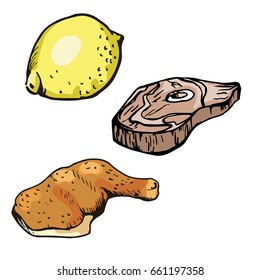 Set foods vector. Lemon. Chicken. Meat. Illustration. Cartoon style