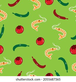 set of foodstuff. red and green chillies, red tomato and shrimp illustration on green background. hand drawn vector, seamless pattern. doodle art for wallpaper, wrapping paper and gift, backdrop. 