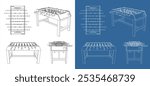 set foosball table vector . hand football or soccer game technical drawing blueprints line drawings isolated on transparent background