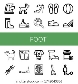 Set of foot icons. Such as Dog, Boots, Massage, High heels, Paw print, Flip flops, Shoe, Ball, Joint, Bathroom scale, Fingerprint, Shoes, Gearstick, Analgesic , foot icons