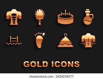 Set Foot massage, Essential oil bottle, Massage, Sauna hat, Swimming pool with ladder, stone therapy and broom icon. Vector