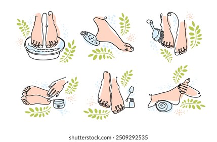 Ajuste o spa Foot.  Pedicure, banho e massagem do calcanhar, descascar, esfregar e aplicar creme. Cuidados com as pernas e os saltos das mulheres. Saltos de beleza e saúde. Arte linear. Ilustração vetorial isolada em branco.