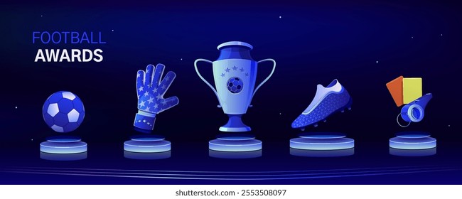 Set of football awards, individual and team trophies, achievements. Minimalistic style, high-quality models, vibrant color. Football cup, MVP of the match, referee whistle. Vector set of icons.