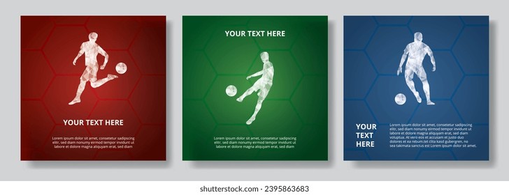 Set of football backgrounds with football player silhouettes playing with ball in low poly design. 