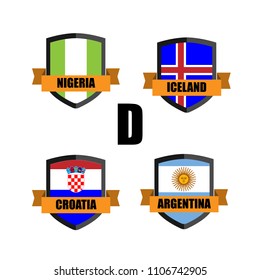 Set of Football Badge vector Designed illustration. Soccer tournament 2018 Group D with Word Nigeria,Iceland,Croatia,Argentina.